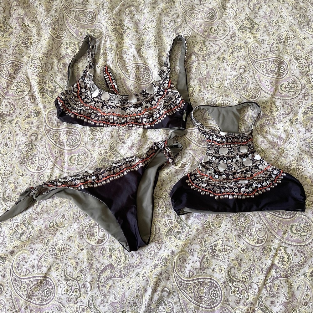 Mara Hoffman S/M 3 Piece Bikini Set Reversible Swimsuit Brown Bead Print Jewel