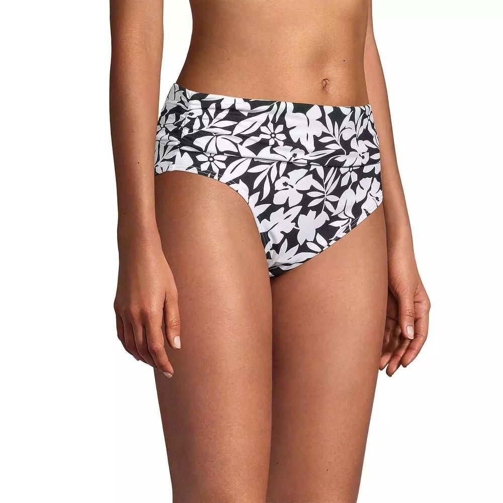 Lands' End Women's S LONG Fold Over Mid Waist Bikini Swim Bottoms Black Havana