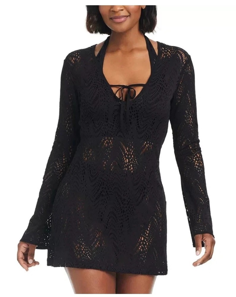 Bar III Womens Crochet Plunge-Neck Cover up Black XS