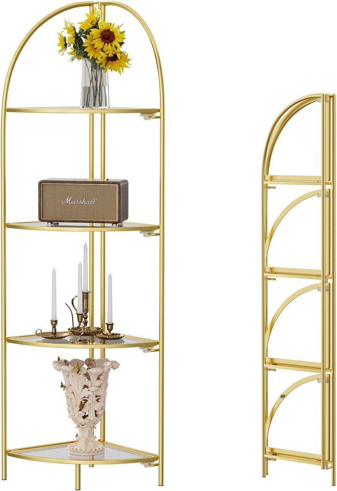 Crofy Foldable 4 Tier Corner 4 Tier, Gold Frame & Transparent Shelf