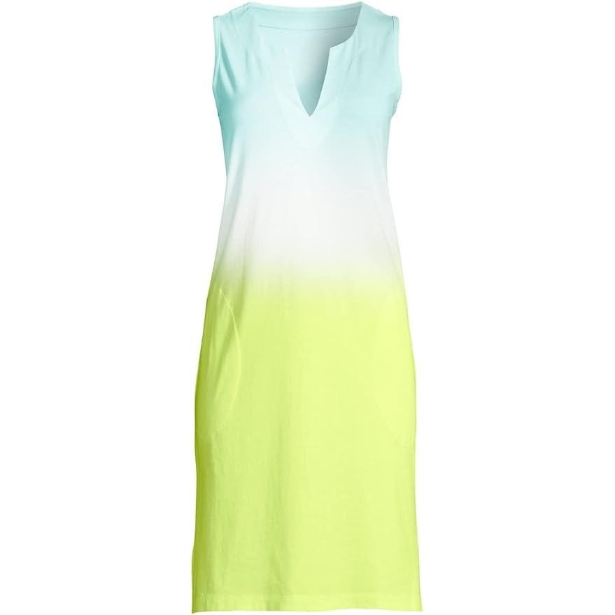 Lands End Womens M Cotton Jersey Sleeveless Swim Cover-up Dress Lemon Lime Ombre