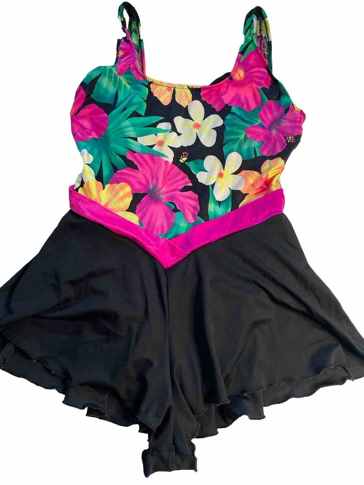 Basic Editions Swimsuit Women’s Size L One Piece Trunk & Skirt  Black & Floral