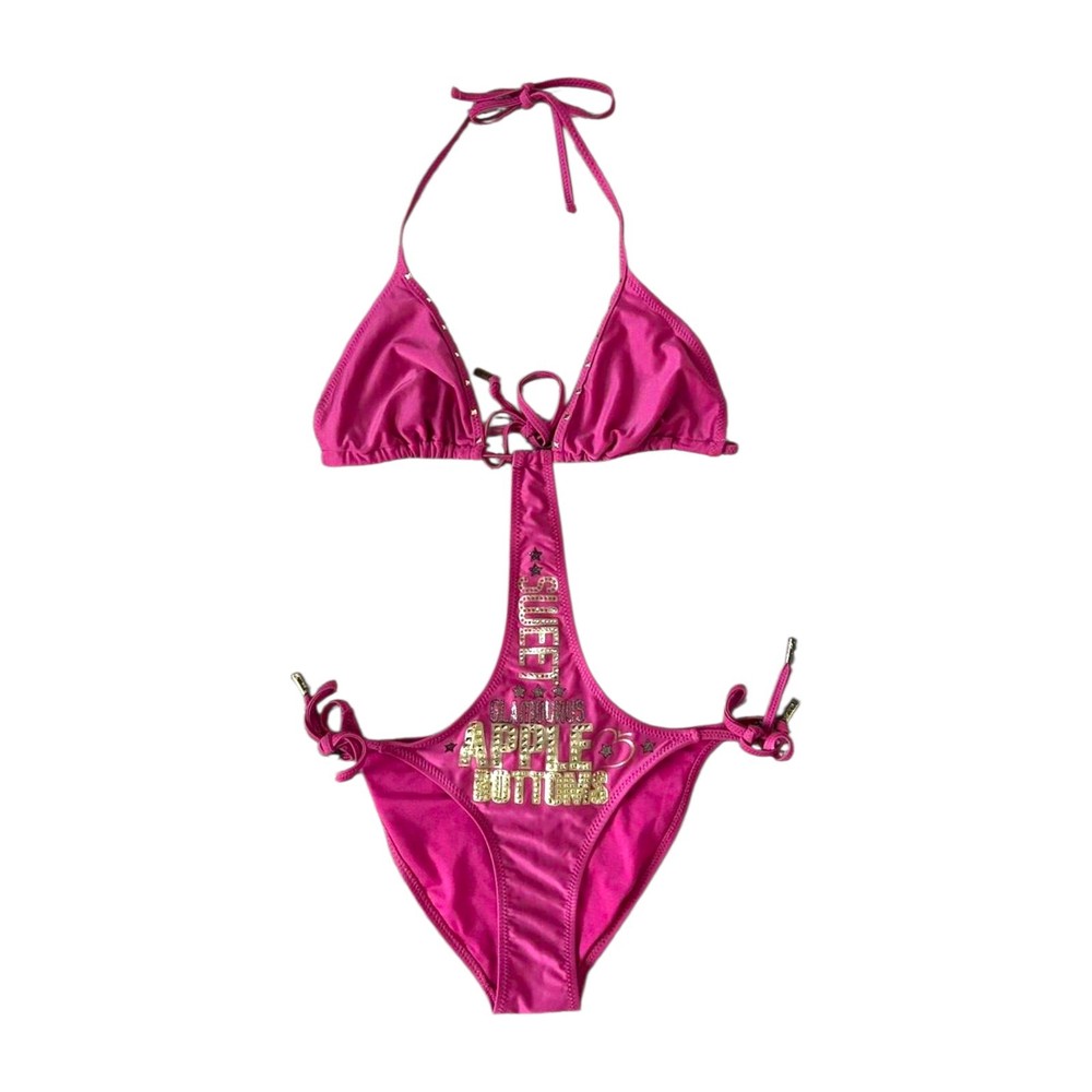 RARE VTG 07 Pink APPLE BOTTOM Monokini One Piece Cutout  Rhinestones S