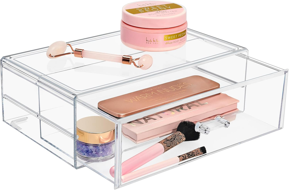 Stackable clear acrylic makeup organizer drawers for cosmetics storage