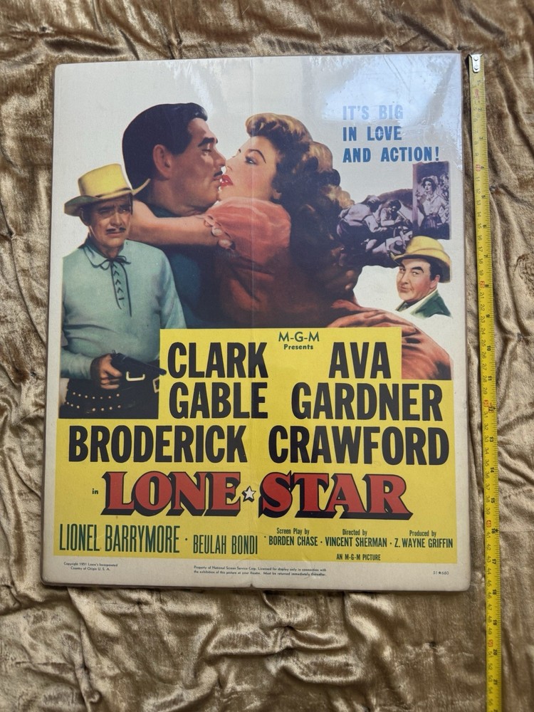 🎬 1951 Lone Star MGM Poster Clark Gable Ava Gardner 14x18” 💖 Vintage Western