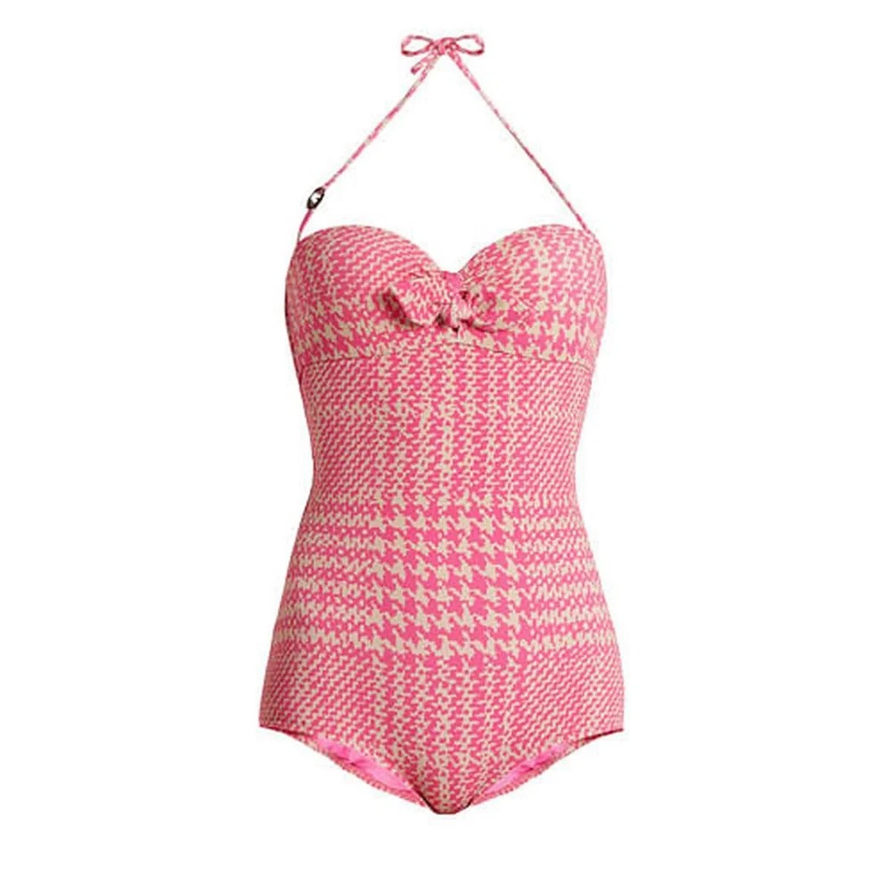 Fendi Roma Women’s One Piece Swimsuit Houndstooth Pink Grey Size IT 42