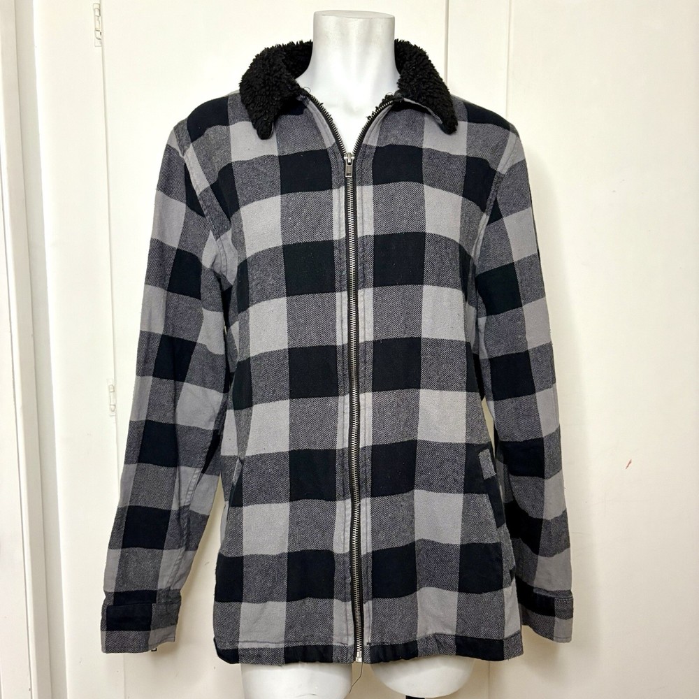 Hot Topic black and gray sherpa collared plaid flannel zip-up jacket-image