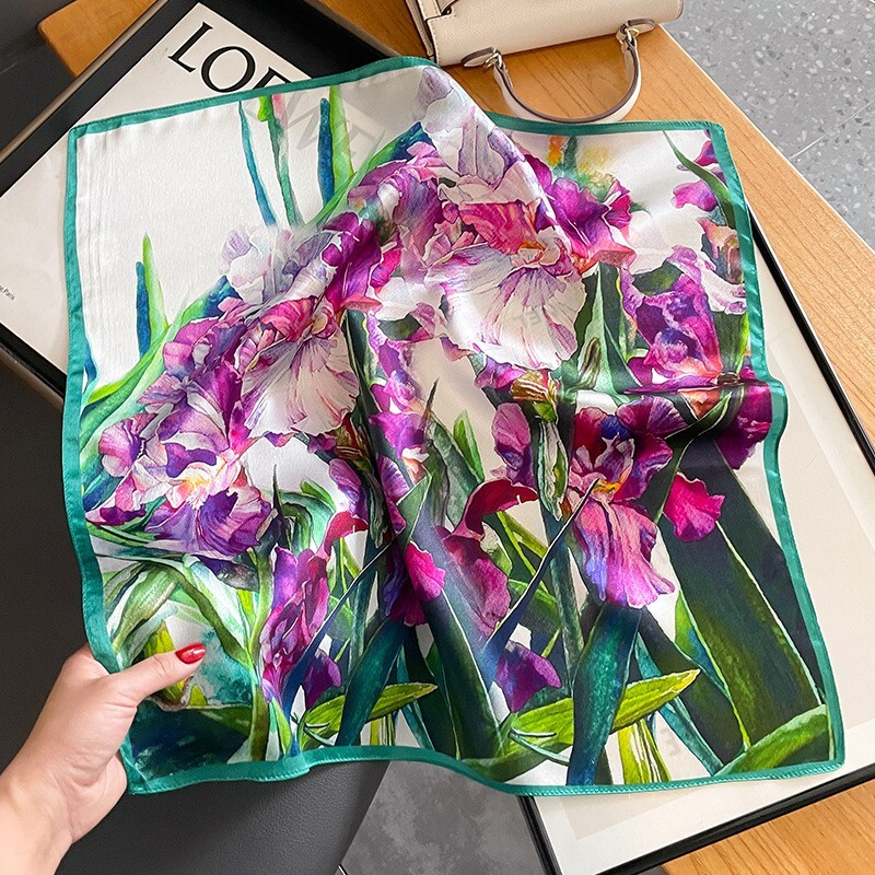 100% Mulberry Silk 20'' Small Scarf Women Neckerchief Wrap Purple Flowers Green