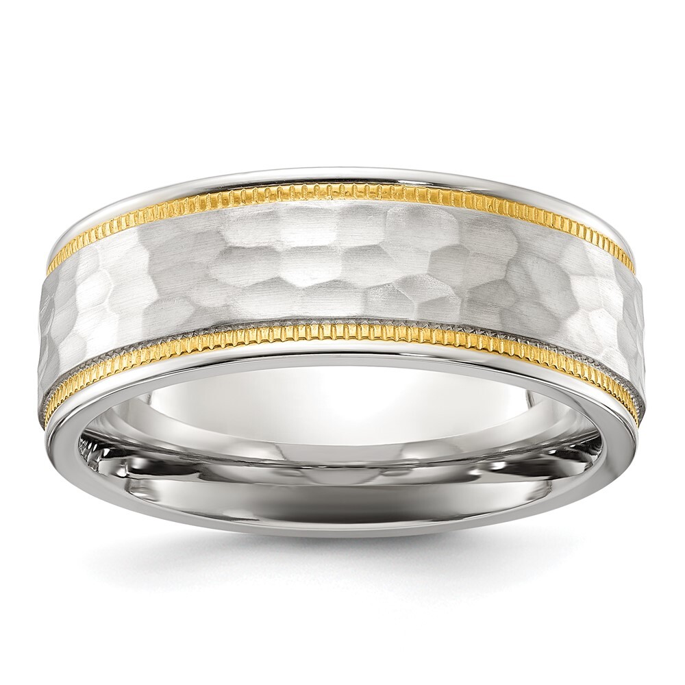 Titanium Brushed Polished Hammered Yellow IP Plated 7mm Band Ring Size 10