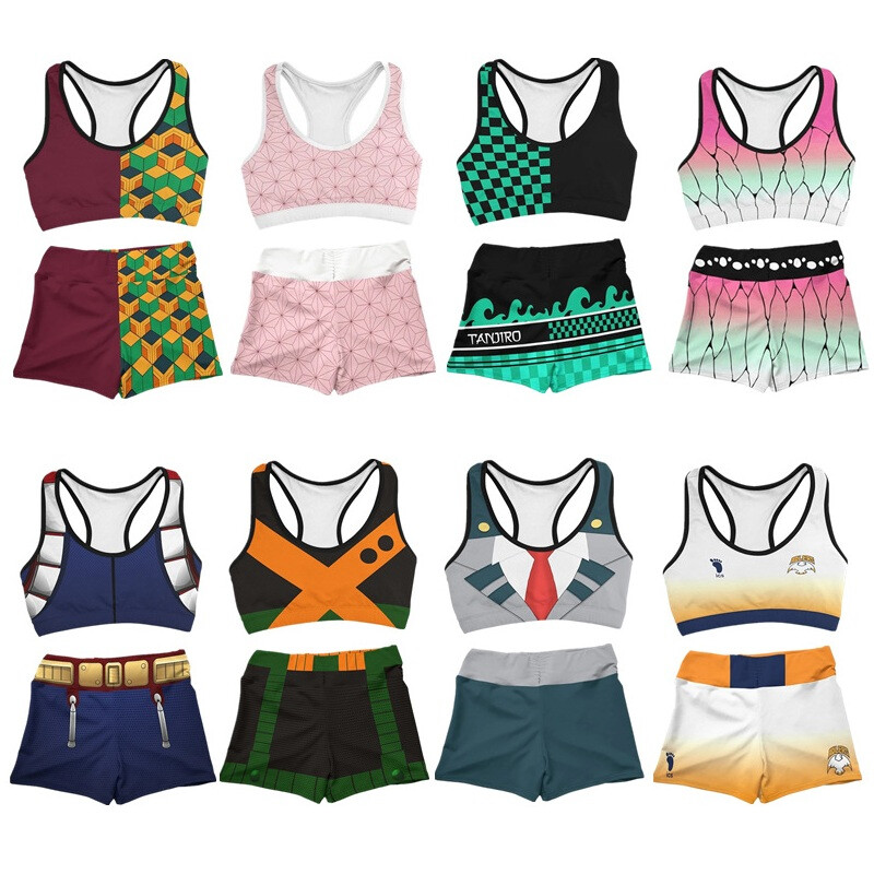 Anime Demon Slayer Womens Summer Swimsuit Bikini Fitness Sports Bra Shorts Suit