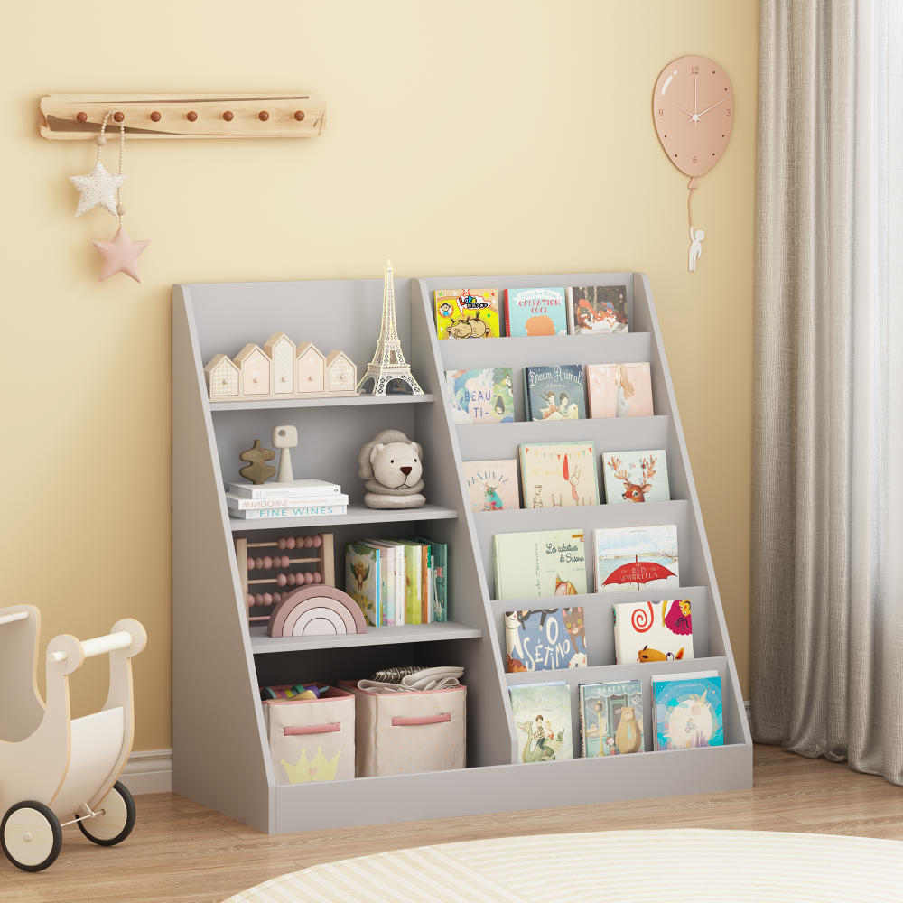 Kids Bookshelf Multifunctional 4 Tier Wooden Kids Book Shelf with Display Stand