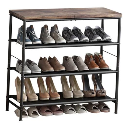 4-Tier Black & Rustic Brown Metal Shoe Rack Organizer Shelf