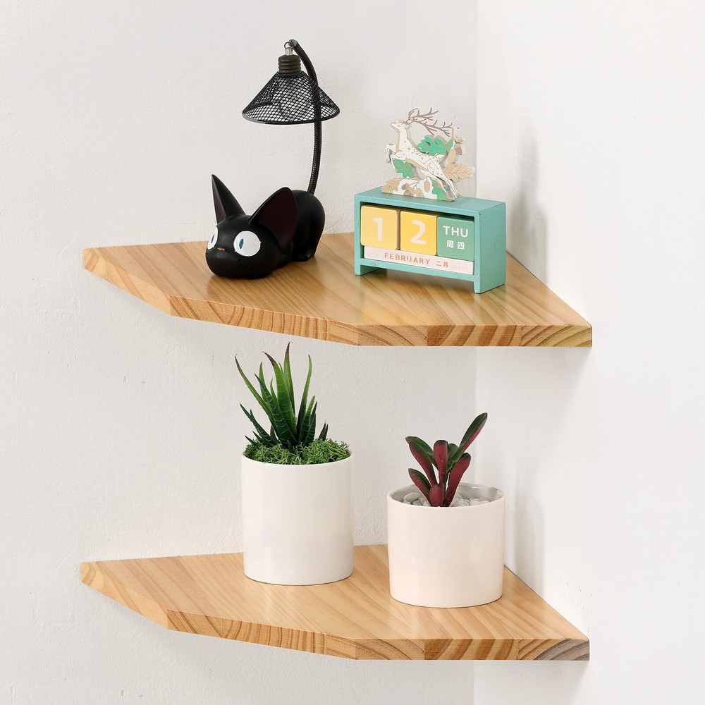 Wood Corner Wall Shelves Set of 2, Solid Wood Corner Floating Shelves for Wal...