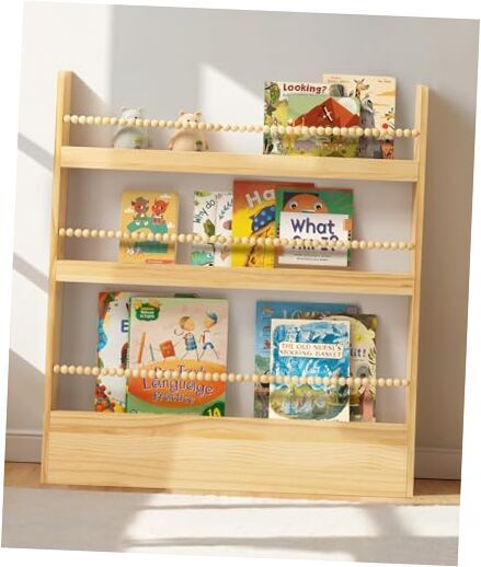 31.5 Inch Kids Bookshelf, Natural Wood Nursery Book Shelf Wall Mount Organizer