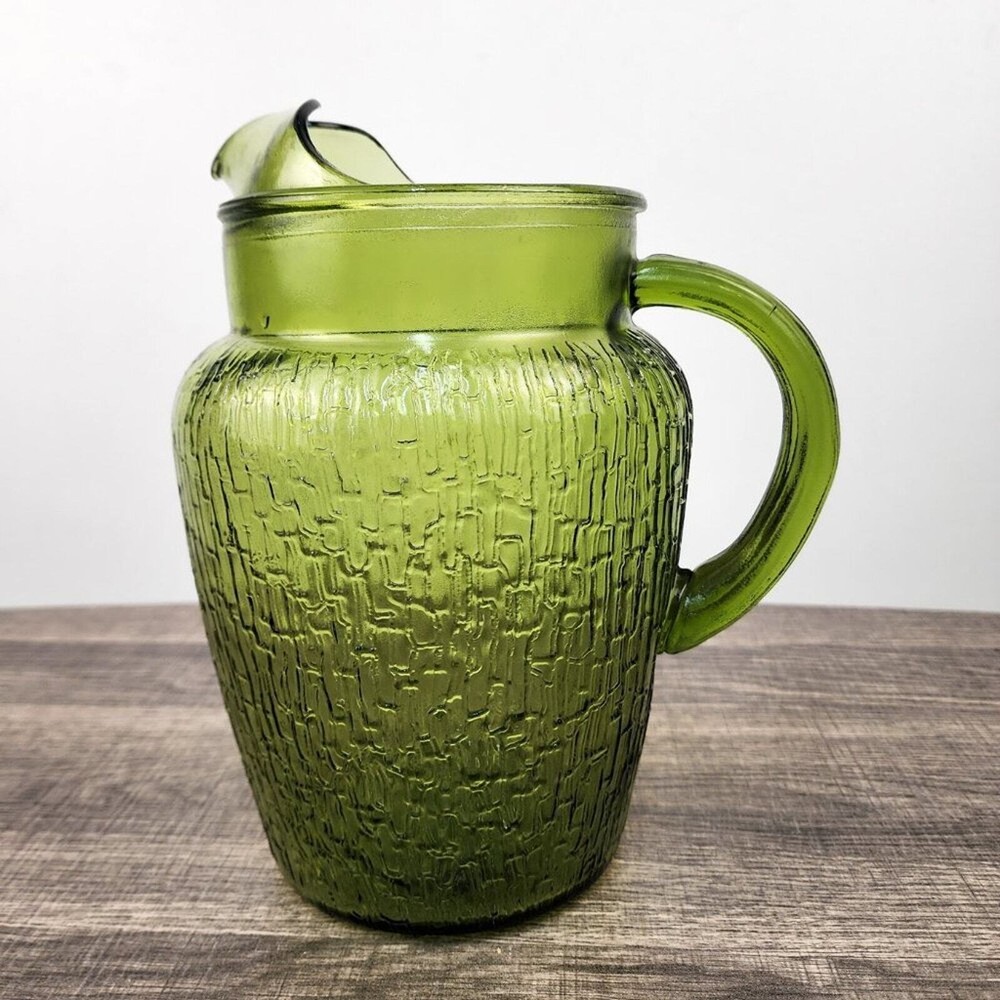 Vintage Anchor Hocking Mid-Century Avocado Green Glass Pitcher 8 Inch 1950s 60s