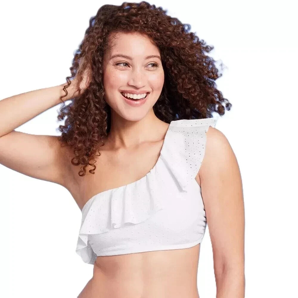 Kona Sol Women's Size M (8-10) White Eyelet Ruffle One Shoulder Bikini Swim Top