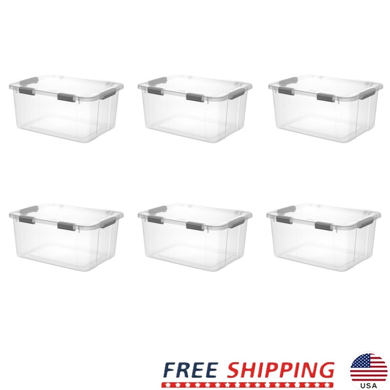 60Qt Clear Storage Bin with Hinged Lid Latch & Comfort Grip Handles 6-Pack