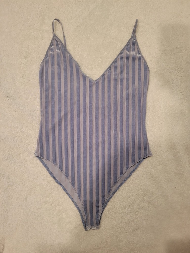 Vintage High Cut One Piece Swimsuit, Silvery Blue Vertical Striped, Mesh/Velvety