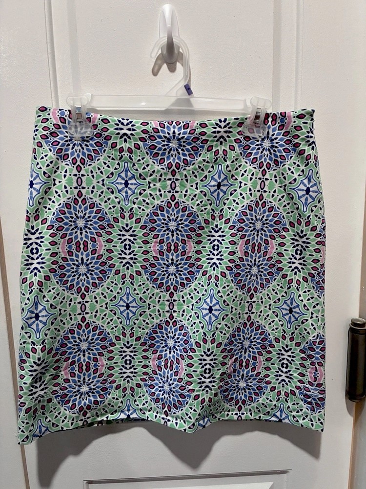 Talbots Mini skirt, Blue White Green Geometric Print, Lined size 10