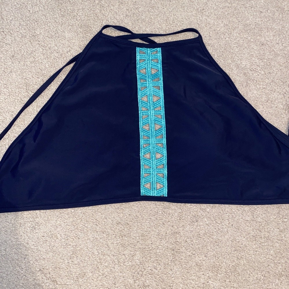 Aerie High Neck Navy Blue Lace Cross Tie Bikini Top XL