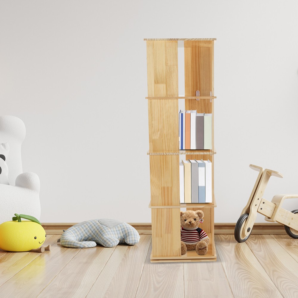 360?? Rotating Bookshelf Bookcase Storage Shelf Display Rack Stand, Wood Color