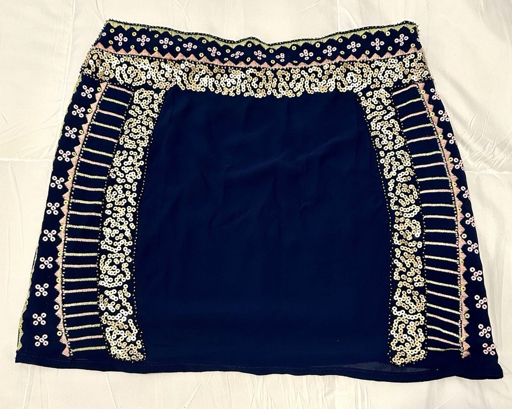 Buttons Vintage Sequin Navy Blue Lined Skirt Embroidery Women's Size Medium