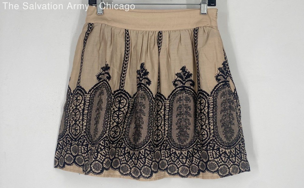 Paraella Womens Tan Black Floral Lace Cotton Side Zip Mini Skirt Size Small