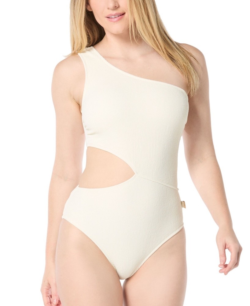 Michael Kors Women's One-Shoulder Side-Cutout Swimsuit SIZE 8 Bone (Ivory)