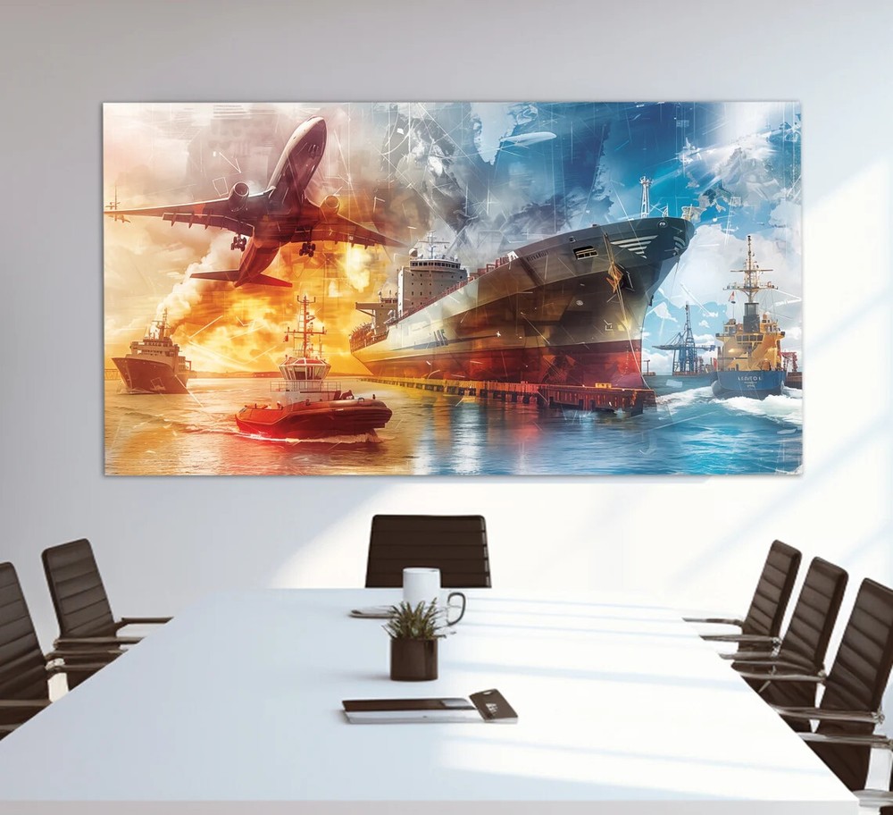 Logistics Office Plane and Ships Paint Unframed Canvas Print Australian Wall Art-image