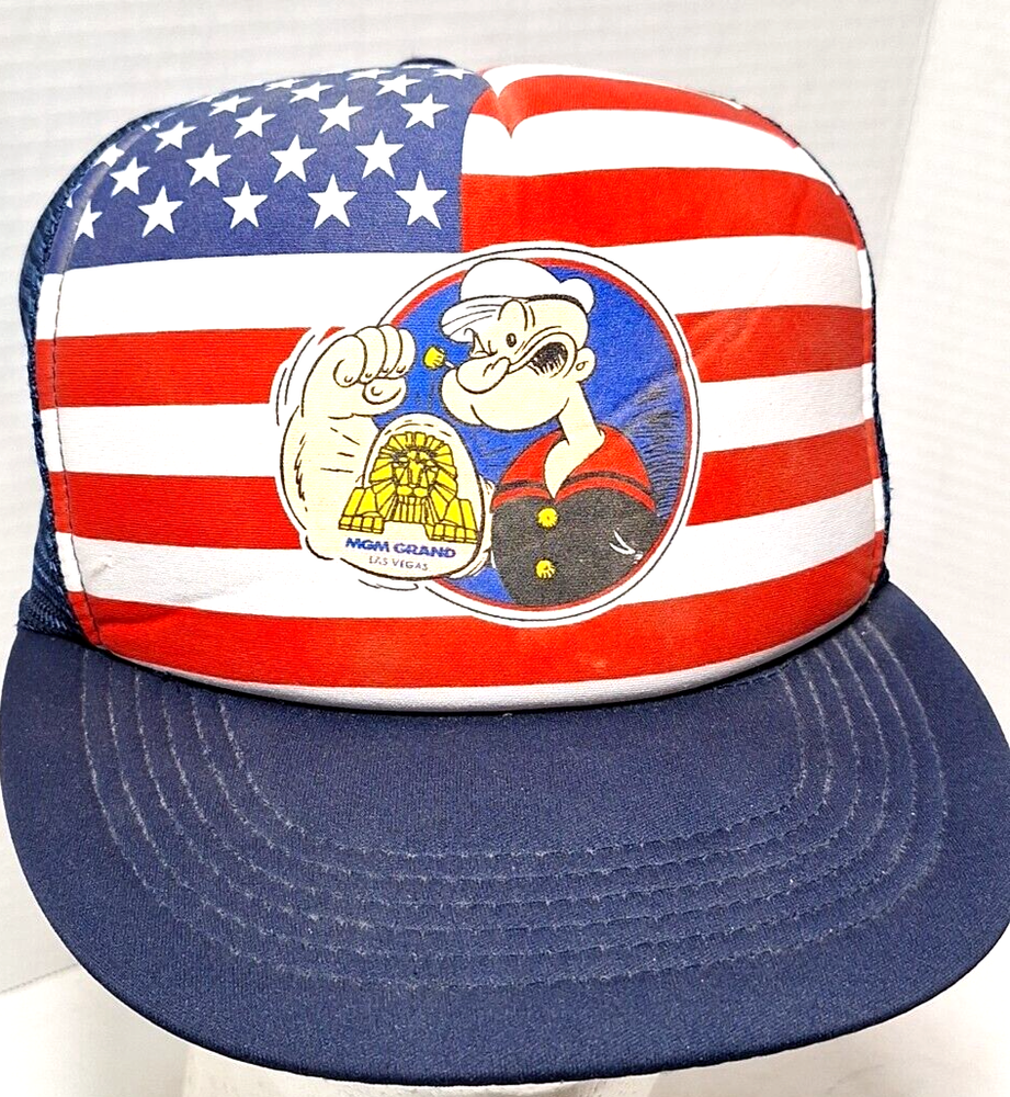Popeye MGM Grand Las Vegas USA Flag 90s Vintage Trucker Snapback Cap w Tag
