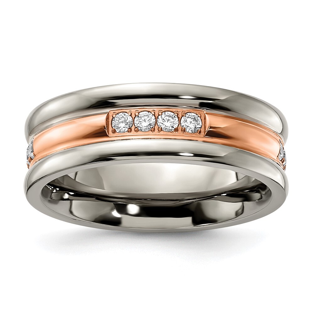 Titanium Polished Rose IP-plated with Cubic Zirconia 7.00mm Band Ring Size 7