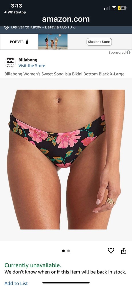 Billabong Women's Sweet Song Bikini Bottom Size XL / 14 Black Floral