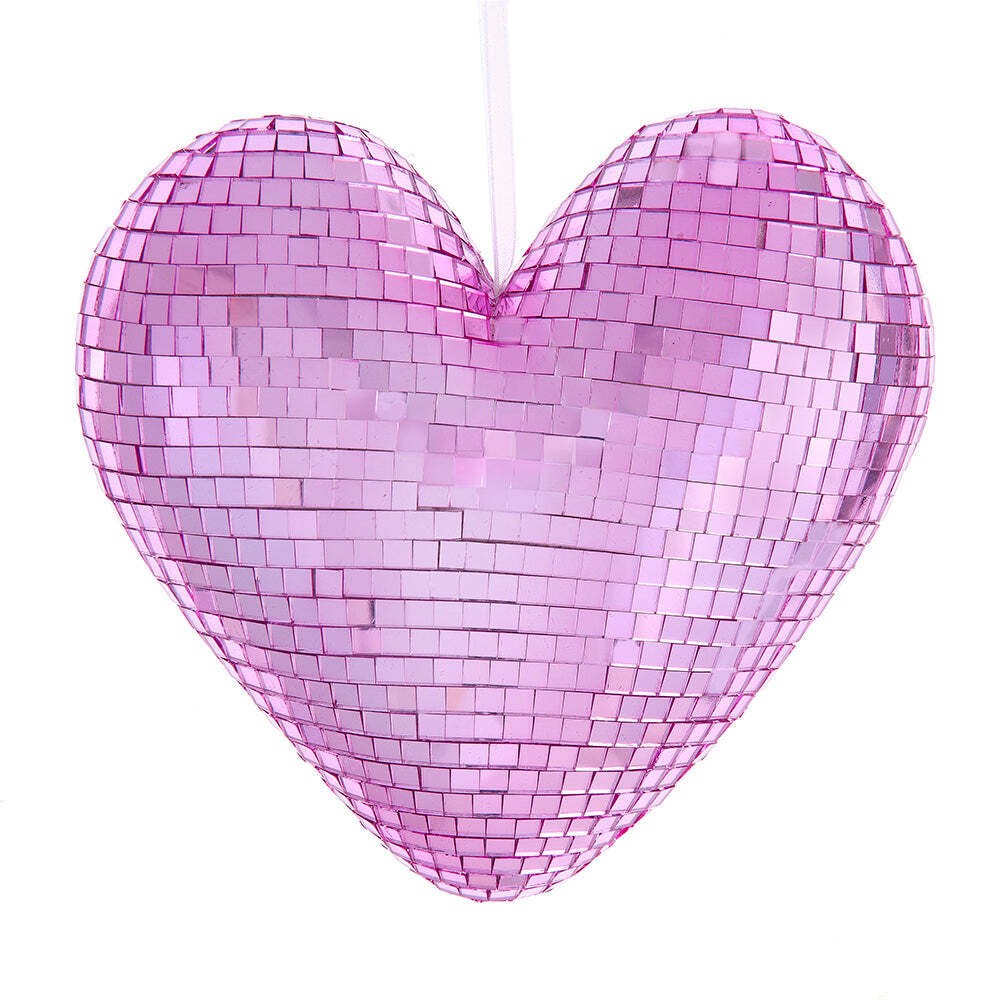 Pink Mirror Disco Heart Glass Ornament 6