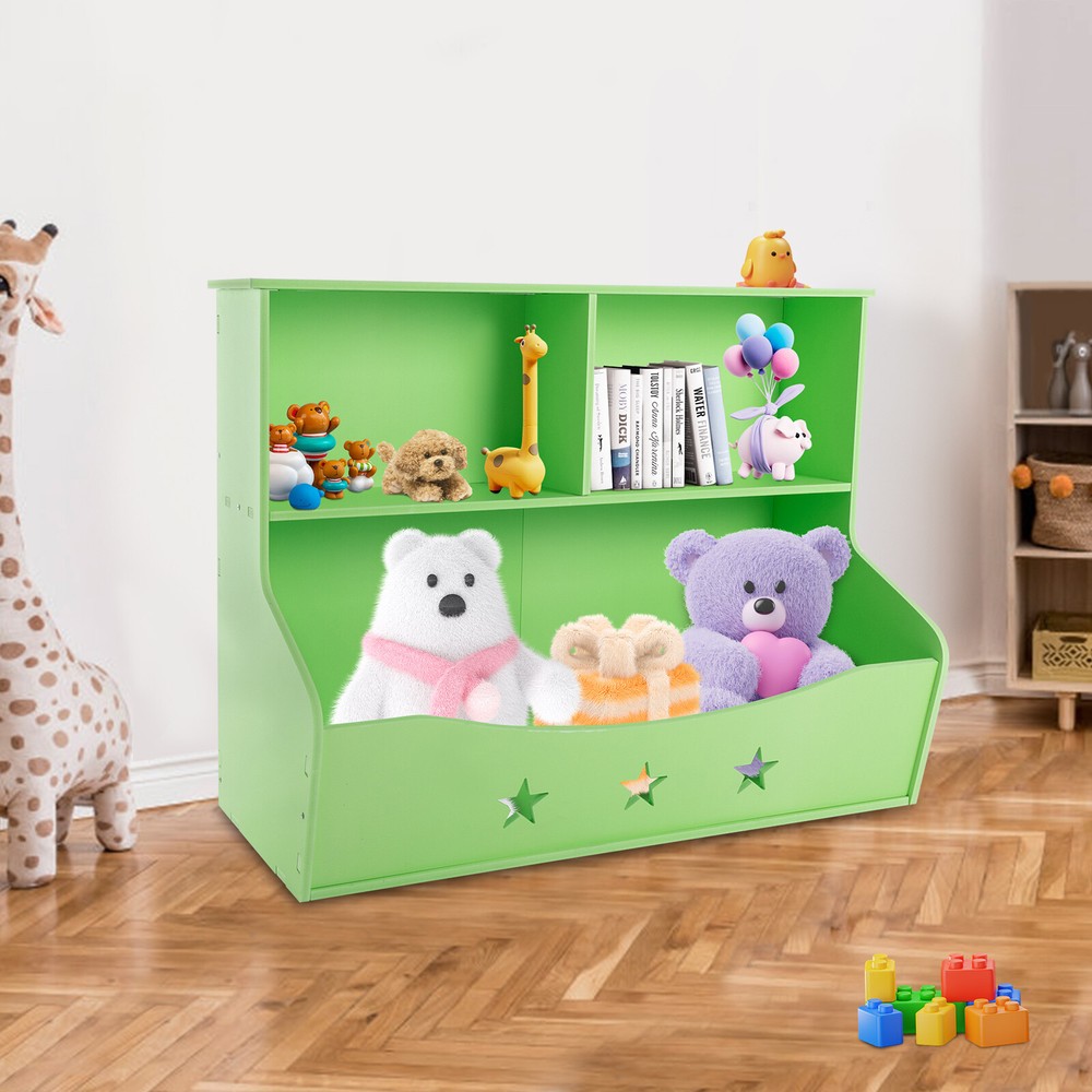 Light green kids bookshelf with toy storage for an organized playroom
