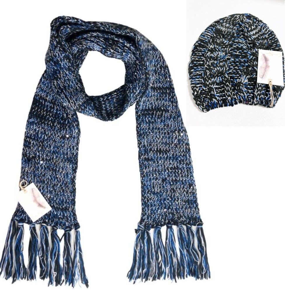NEW Jessica Simpson Women's Winter Knit Scarf & Hat Set Blue Black Sequins