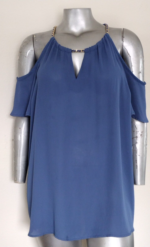 TORRID BLOUSE TOP COLD SHOULDER CHAIN STRAP Size 3 KEYHOLE NECK BUTTON CHIFFON-image