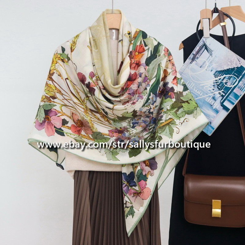 Sallys 70% Cashmere 30% Silk Double Face Floral Shawl 53 Inch Wrap Scarf