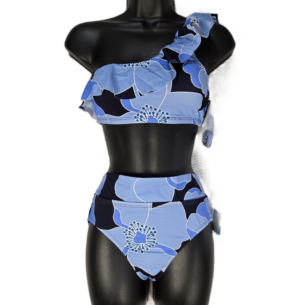 Draper James Blue Floral Bikini Set One Shoulder Ruffle High Waist UPF 50+ NWT