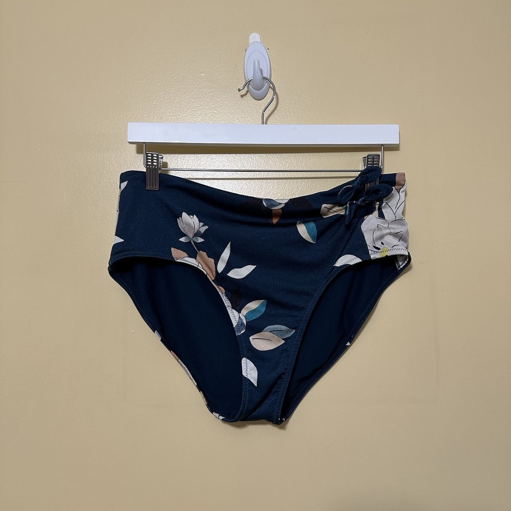 Athleta Bow Detail Floral High Rise Full Coverage Bikini Bottoms Women L Blue