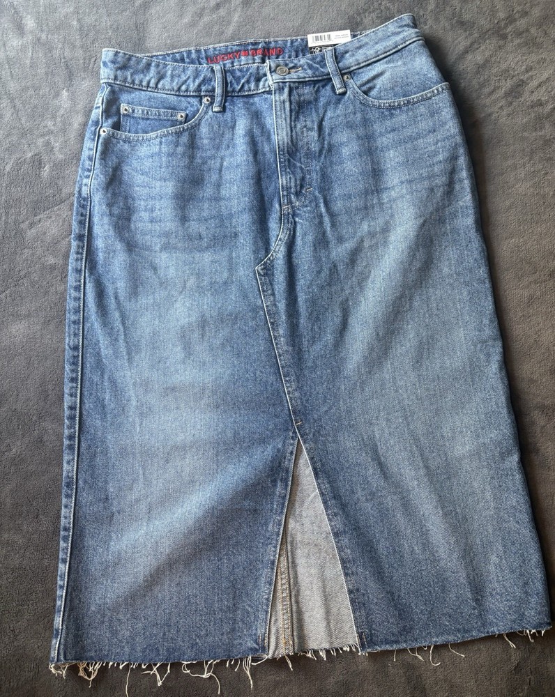 Lucky Brand Women’s Blue Denim Midi Pencil Skirt Size 10 Pockets Slit