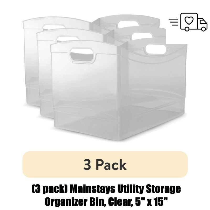 3-Pack Clear Mainstays Storage Bins 5x15 Inches Organizer Utility Bin