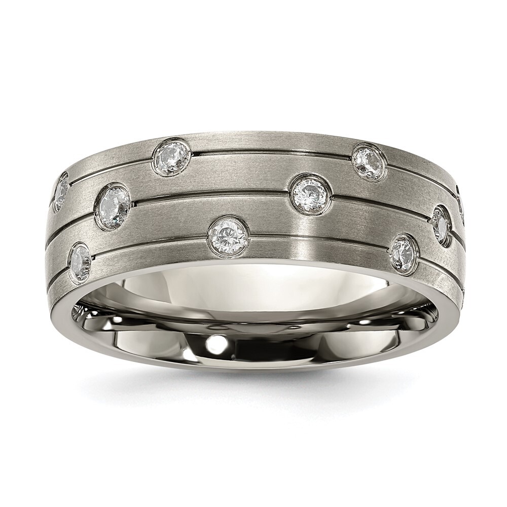 Titanium Brushed with Cubic Zirconia 8.00mm Band Ring Size 12 for Men 5.09gm