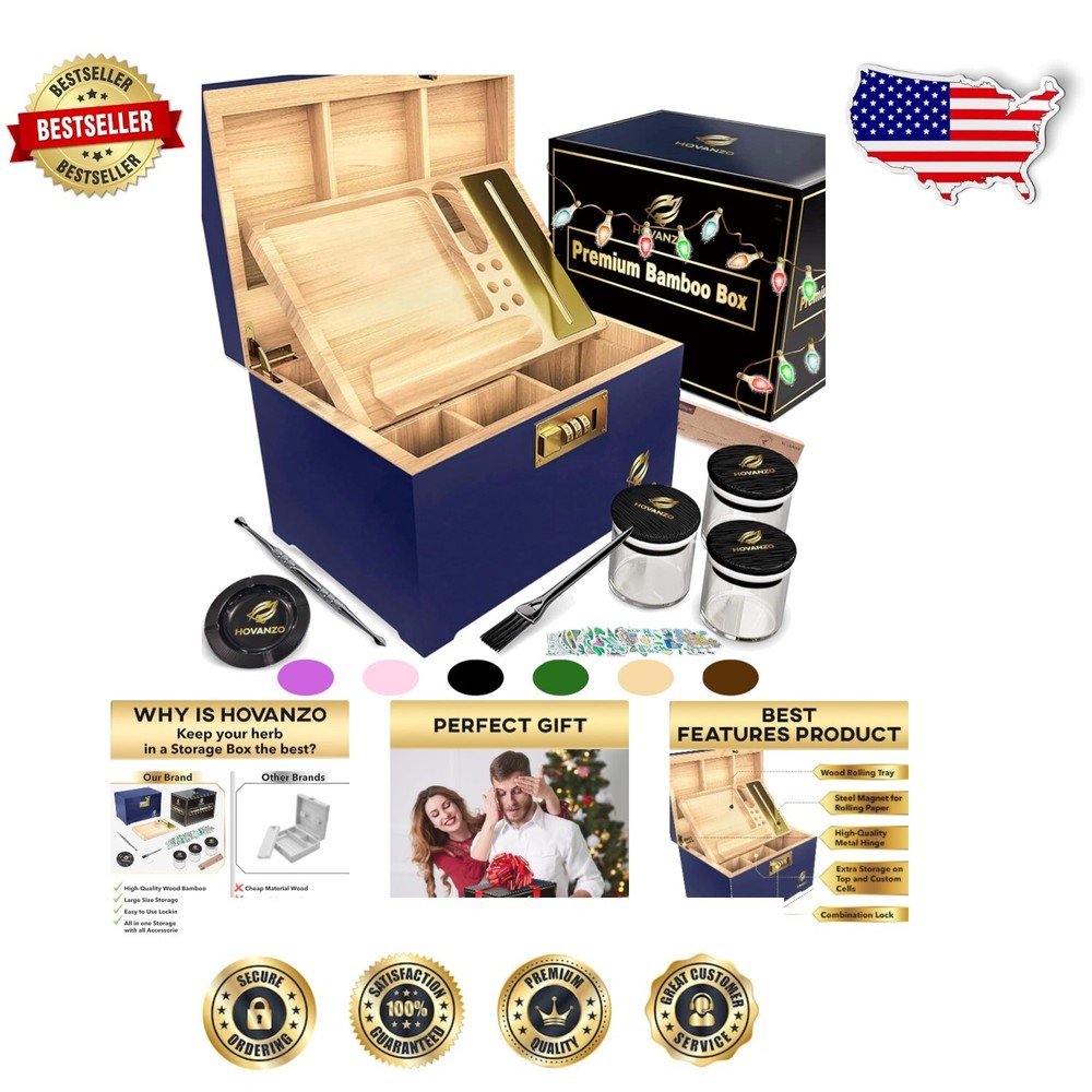 Premium Eco-Friendly Bamboo Storage Box Set with Lock & Glass Jars - Blue