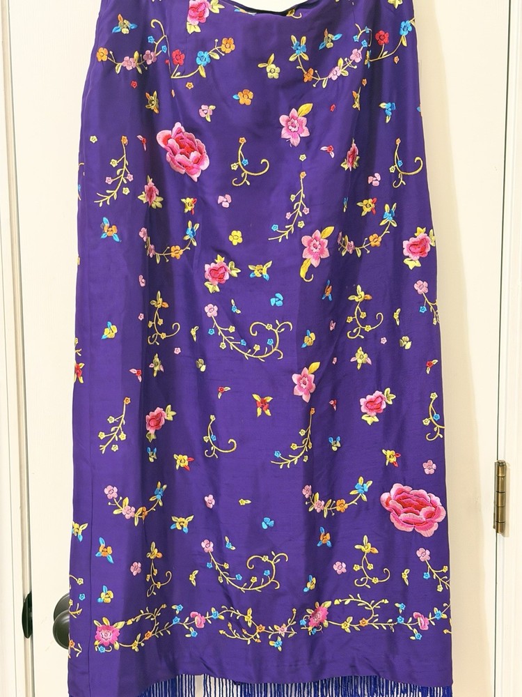 Vintage Clio Purple Silk Embroidery Skirt With Beaded Fringe