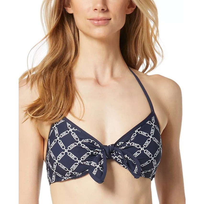 Michael Kors Women Midnight Blue Logo Print Tie-Front Swim Bikini Top Size S