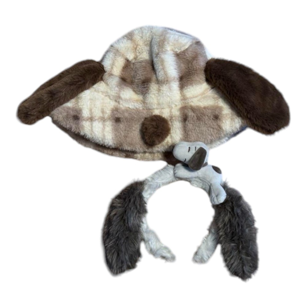 2sets USJ Snoopy Bucket Hat & Headband Tartan Check Grey Japan Peanut