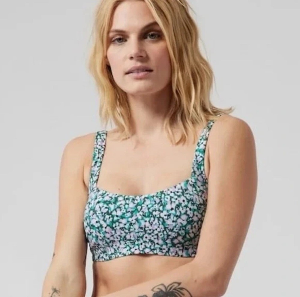 Athleta Purple Green Camo Floral Gables Square Neck Bra Cup Bikini Top 36B/C