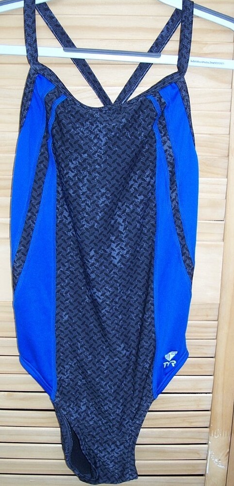 TYR one-piece royal blue & gray print swimsuit~size 32~racerback~racing~