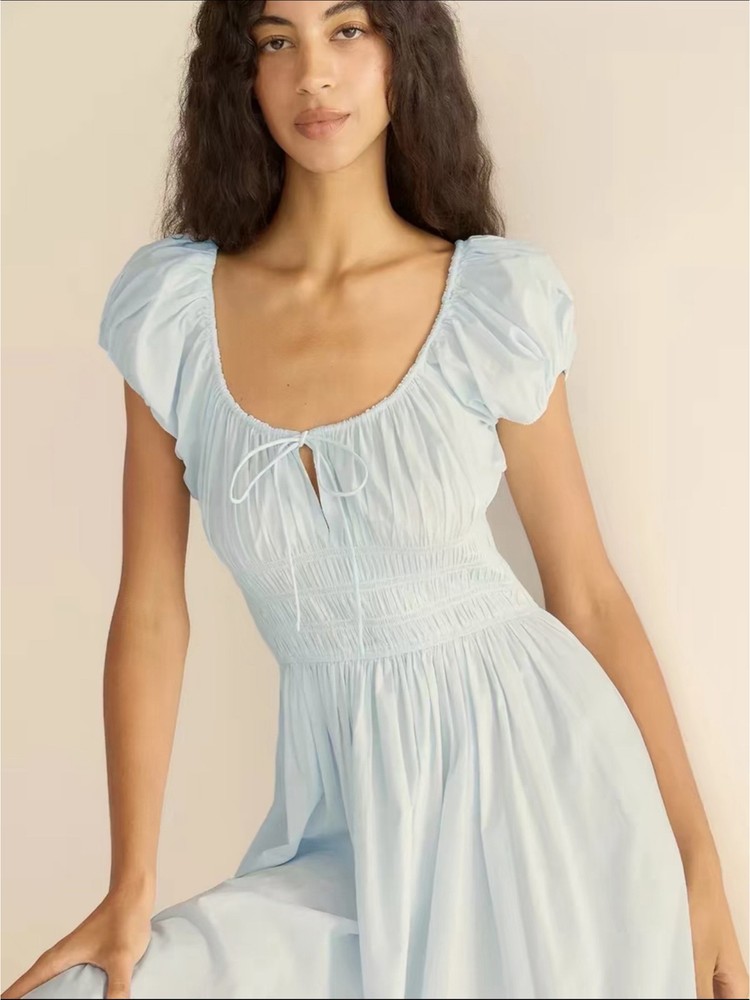 Doen Women's Puff Sleeve Tie Waist Stretchy Cotton Slimming Dress