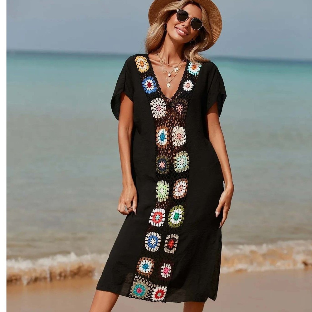Women's Black One Size Swim Summer Cover-Up Dress w/ Floral Crochet